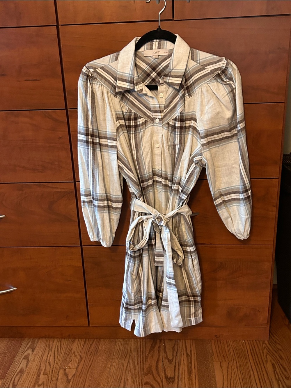 LOFT Plaid Tie-Waist Shirt Dress in Beige and Brown Tones